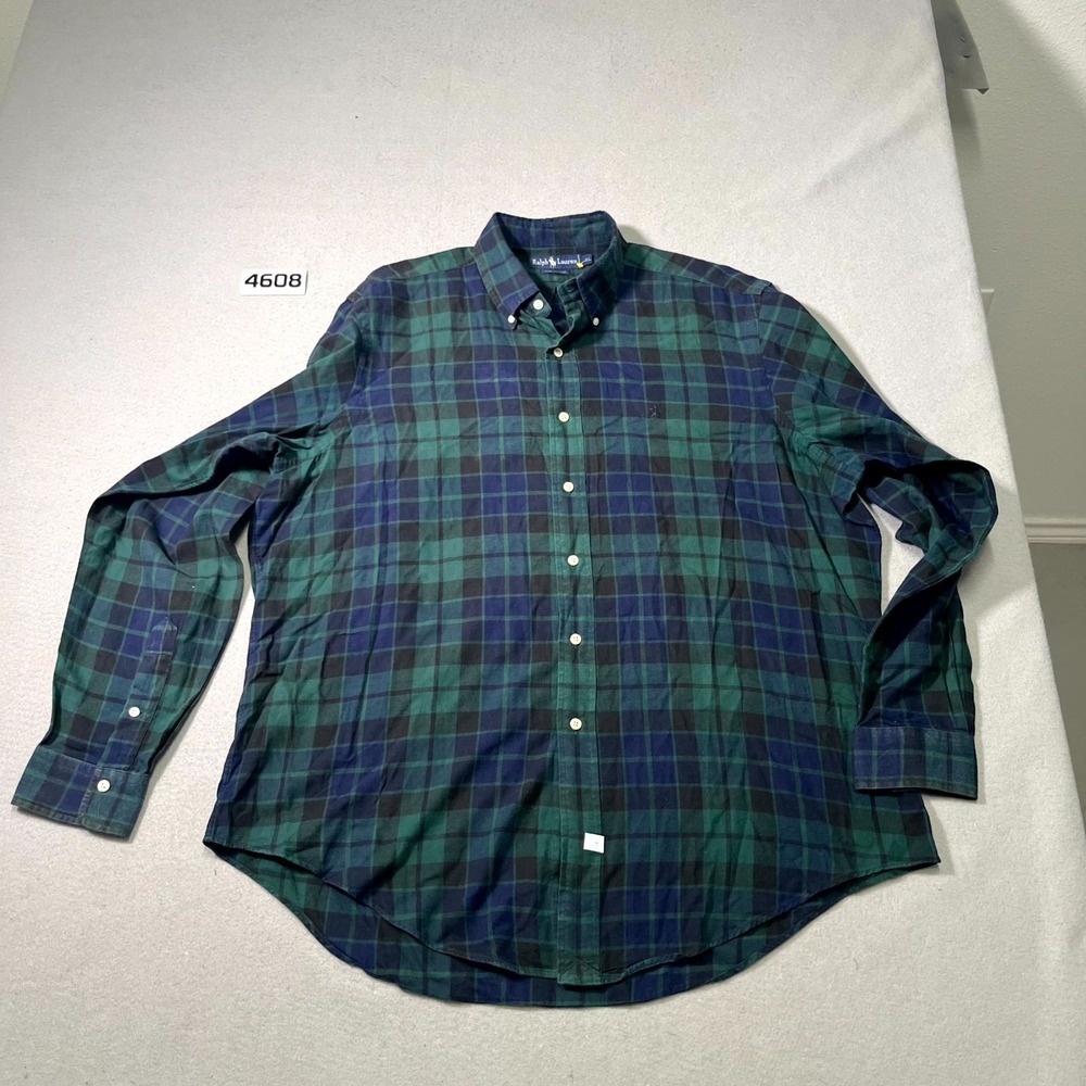 Ralph Lauren‎ Shirt Men XL Green Plaid Cotton Pony Logo Long Sleeve Button Down